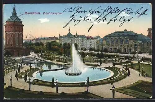 AK Mannheim, Blick auf den Friedrichsplatz mit Wasserspiel