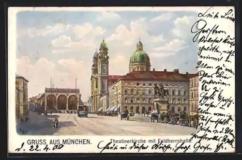 AK München, Theatinerkirche und Feldherrenhalle, Strassenbahn