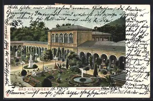 Lithographie Bad Kissingen, Konversationsgebäude mit Brunnen