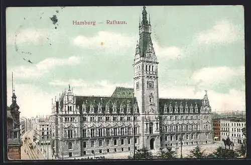 AK Hamburg, Rathaus mit Strassenbahn