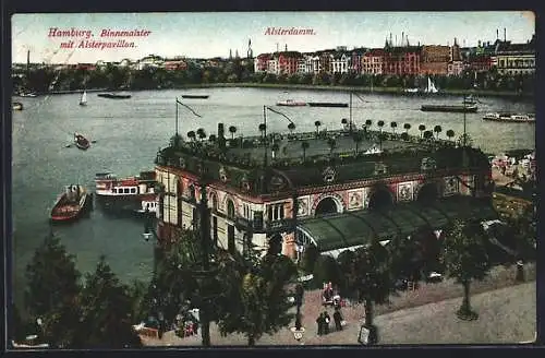 AK Hamburg, Binnenalster mit Alsterpavillon, Blick auf den Alsterdamm