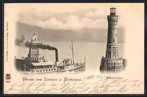 AK Lindau a. Bodensee, Hafeneinfahrt mit Leuchtturm und Dampfer