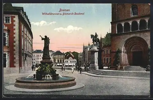 Künstler-AK Bremen, Wilhadibrunnen und Bismarck-Denkmal