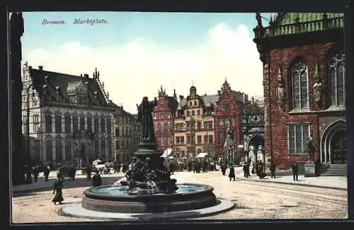 AK Bremen, Marktplatz mit Brunnen