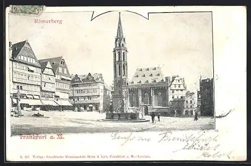 AK Alt-Frankfurt, Römerberg mit Geschäften und Kirche