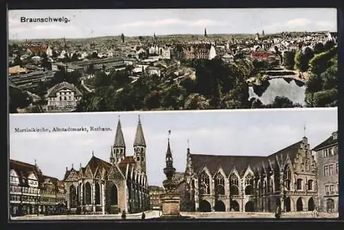 AK Braunschweig, Martinikirche, Altstadtmarkt, Rathaus, Panorama