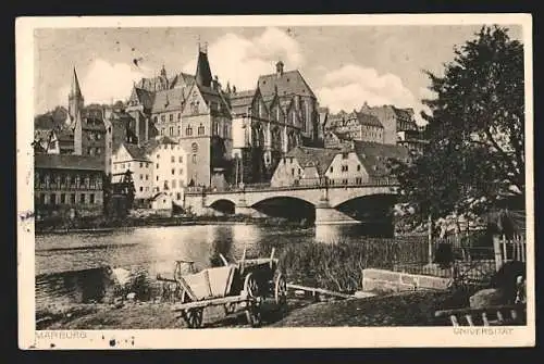 AK Marburg a.d. Lahn, Partie am Ufer neben der Brücke, Blick zum Schloss