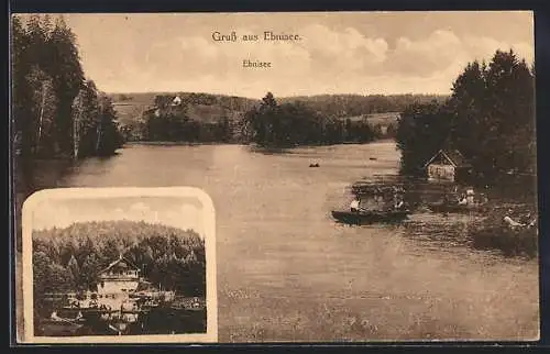 AK Welzheim, Ruderboote auf dem Ebnisee, Zweiggeschäft des Hotel Ebnisee