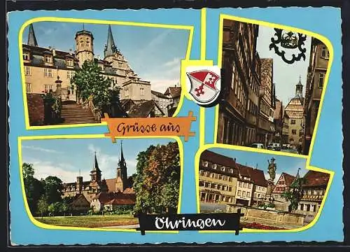 AK Öhringen, Schloss, Rathaus, Schloss und Stiftskirche, Marktbrunnen