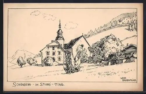 Künstler-AK Schönberg im Stubai, Ortsansicht und Kirche