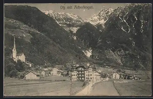 AK Ötz, Ortsansicht mit der Pfarrkirche hll. Georg und Nikolaus mit dem Acherkogel