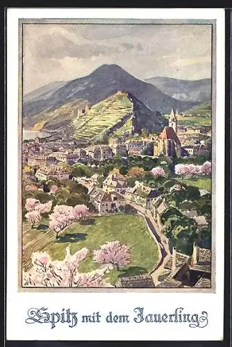 Künstler-AK Spitz, Teilansicht mit Kirche und dem Jauerling