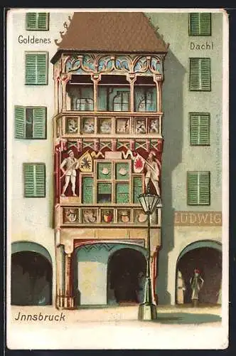 Lithographie Innsbruck, Gasthaus Goldenes Dachl mit bemalter Fassade