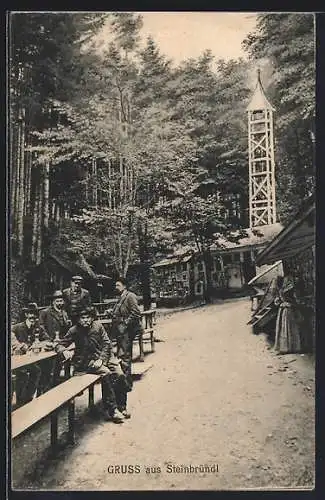 AK Krummnussbaum /NÖ, Steinbründl, Männer am Tisch, Gasthaus im Wald