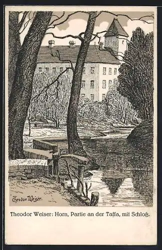 Künstler-AK Horn, Partie an der Taffa mit Schloss