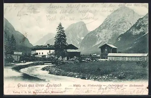 AK Unter Leutasch, Mühle mit Wetterstein, Oeferlekopf und Hochmunde