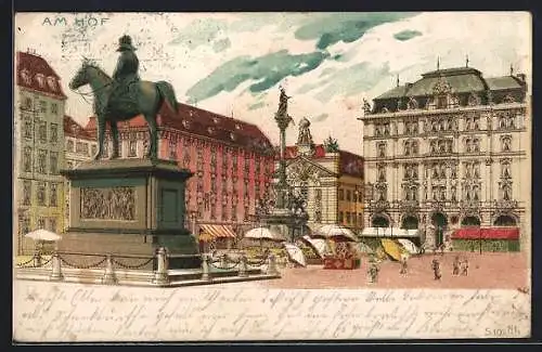 Lithographie Wien, Denkmal und Heiligensäule am Hof