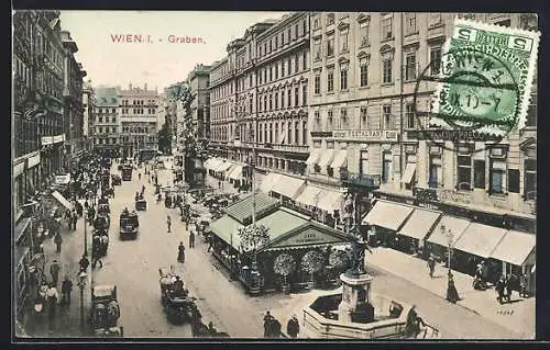 AK Wien, Graben, belebte Partie mit Brunnen und Café Schrancl