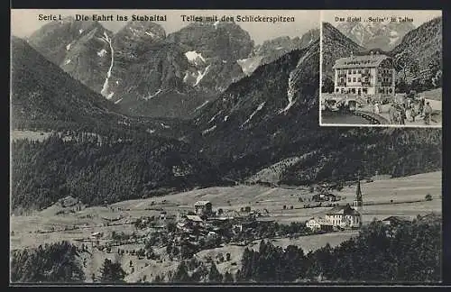 AK Telfes, Ortstotale mit Blick auf die Schlickerspitzen, das Hotel