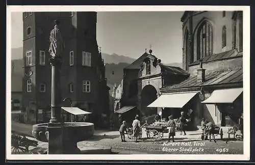 AK Hall /Tirol, Oberer Stadtplatz mit Denkmal und Geschäft