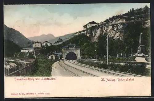 AK St. Anton /Tirol, Arlbergbahn, Tunnelmundloch und Lottdenkmal