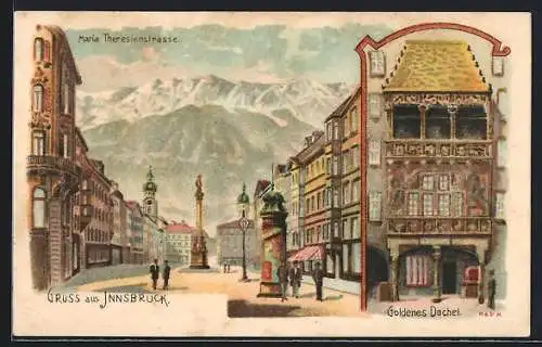 Lithographie Innsbruck, Maria-Theresien-Strasse mit Gasthaus Goldenes Dachel