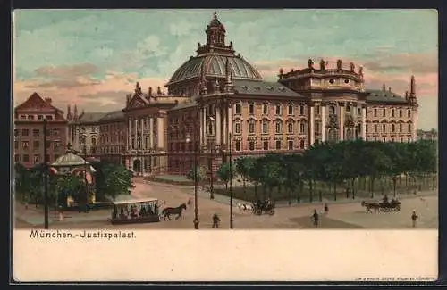 Lithographie München, Justizpalast, Pferdebahn