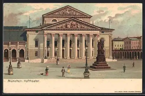 Lithographie München, Hoftheater mit Denkmal, Leute