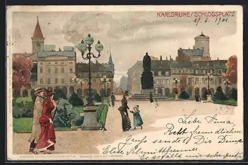 Lithographie Karlsruhe, Leute auf dem Schlossplatz