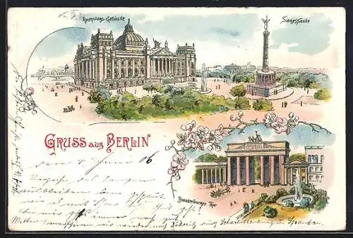 AK Berlin-Tiergarten, Reichstags-Gebäude, Siegessäule, Brandenburger Thor