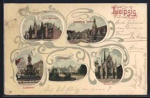 AK Leipzig, Buchhändlerhaus, Plamengarten, Siegesdenkmal, Paulinerkirche