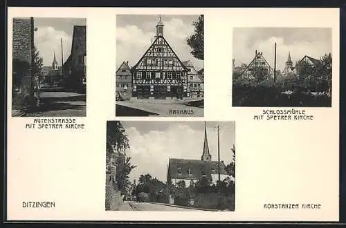 AK Ditzingen, Autenstrasse mit Speyrer Kirche, Schlossmühle und Rathaus