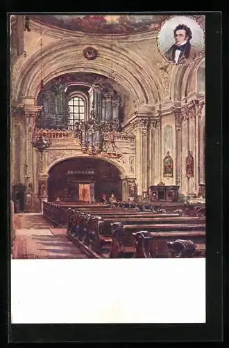 Künstler-AK Wien, Lichtenthalerkirche mit Schubert-Orgel