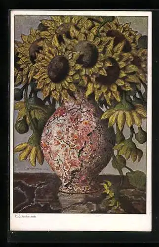 Künstler-AK sign. Carl Strathmann: Sonnenblumen in geblümter Vase