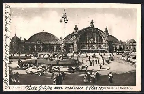 AK Frankfurt am Main, Hauptbahnhof mit Bahnhofsplatz, Strassenbahnen