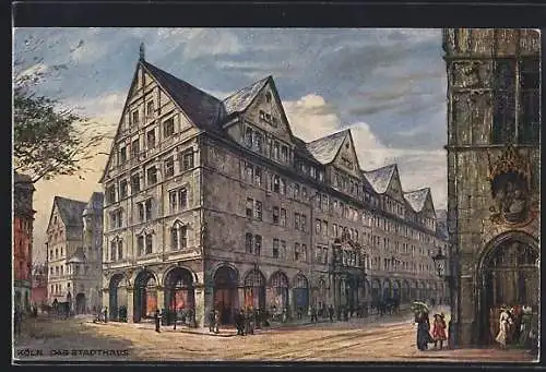 Künstler-AK Köln, Stadthaus mit Passanten