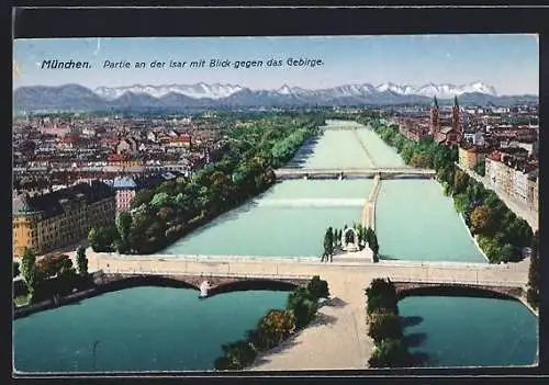 AK München, Partie an der Isar mit Blick gegen das Gebirge