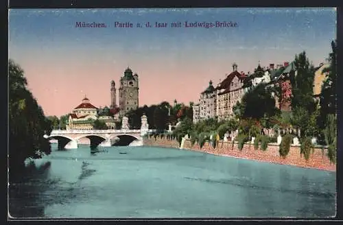 AK München, Partie a. d. Isar mit Ludwigs-Brücke