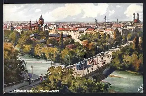 Künstler-AK München, Blick vom Maximilianeum mit Maximiliansbrücke und Strassenbahn