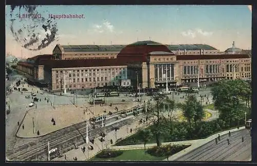 AK Leipzig, Hauptbahnhof mit Strassenbahn