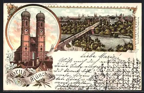 Lithographie München, Frauenkirche, Blick zum Ort