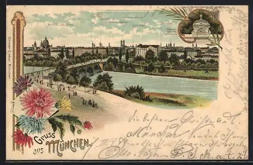 Lithographie München, Isar-Brücke, Br. v. Ehrhardtsches Denkmal, mit Blumen verziert