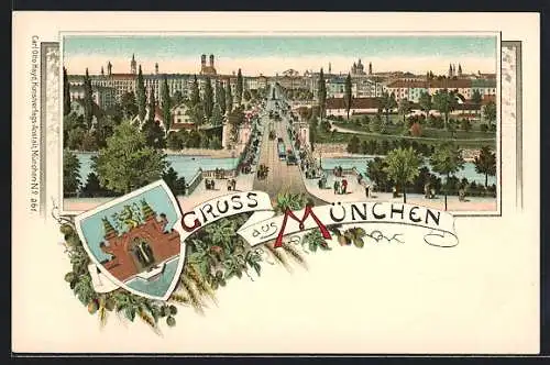 Lithographie München, Teilansicht, Wappen