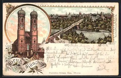 Lithographie München, Frauenkirche, Blick zum Ort