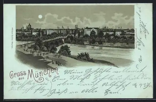 Mondschein-Lithographie München, Isar-Brücke am Maximilianeum