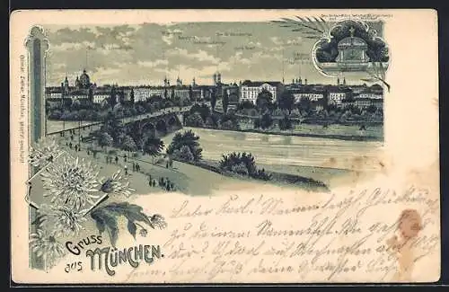 Lithographie München, Isar-Brücke, Br. v. Ehrhardtsches Denkmal, mit Blumen verziert