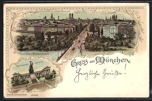 Lithographie München, Panorama v. Maximilianeum und Ruhmeshalle Bavaria