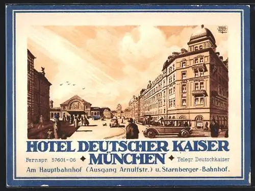 Künstler-AK München, Hotel Deutscher Kaiser am Hauptbahnhof