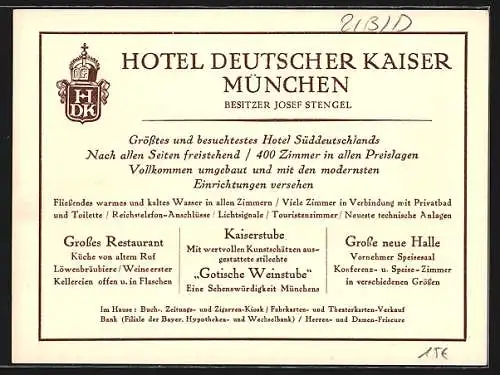 Künstler-AK München, Hotel Deutscher Kaiser am Hauptbahnhof