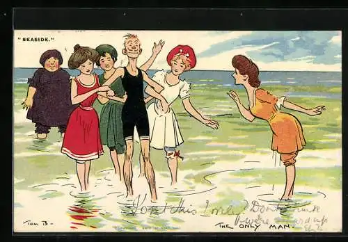 Künstler-AK Tom Browne: Der einzige Mann am Strand von Frauen umgeben
